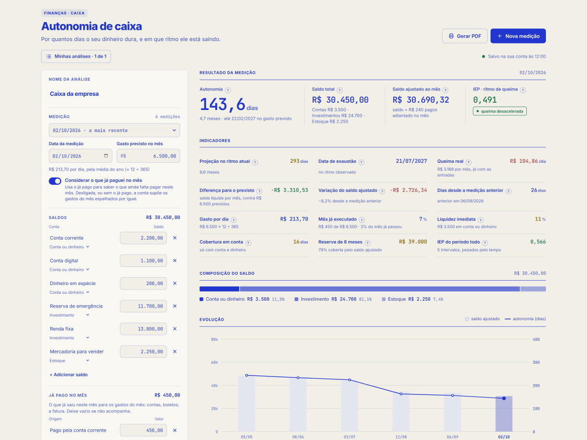 Tela da ferramenta Autonomia de caixa