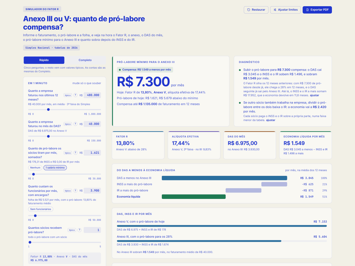 Tela da ferramenta Simulador do Fator R