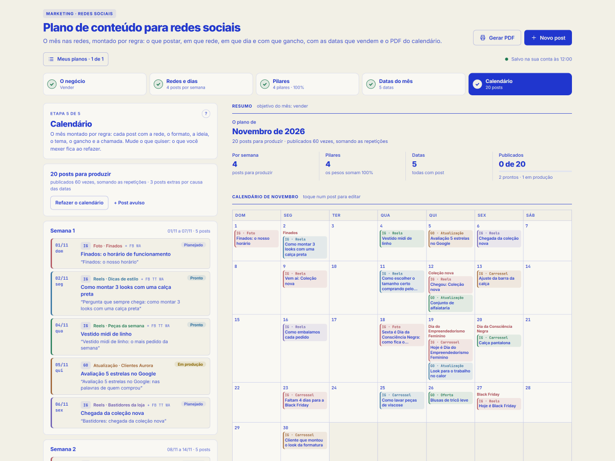 Tela da ferramenta Plano de conteúdo para redes sociais