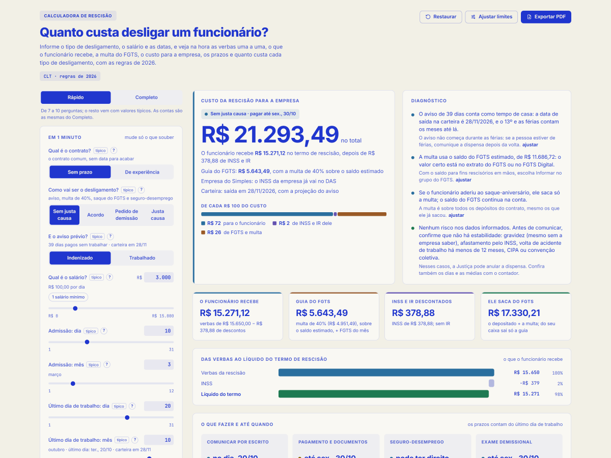Tela da ferramenta Calculadora de rescisão